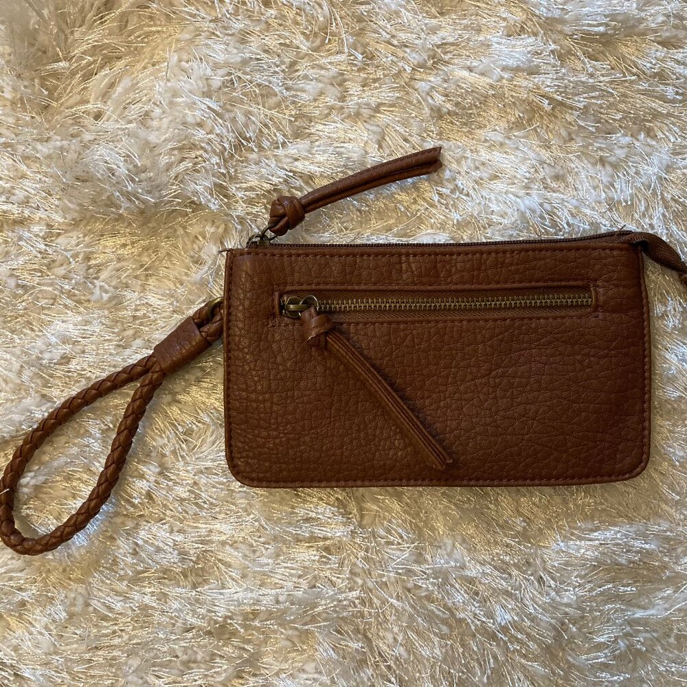 Maurices Wristlet Braided Brown Tan Zip Pouch Clutch